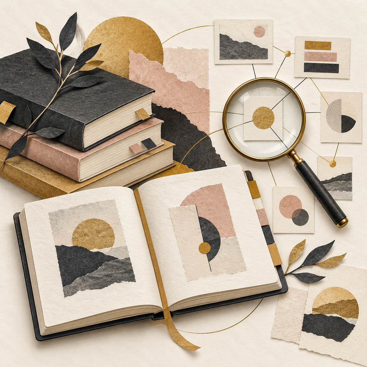 Paper collage of research books, notes, evidence cards, and a magnifying glass.