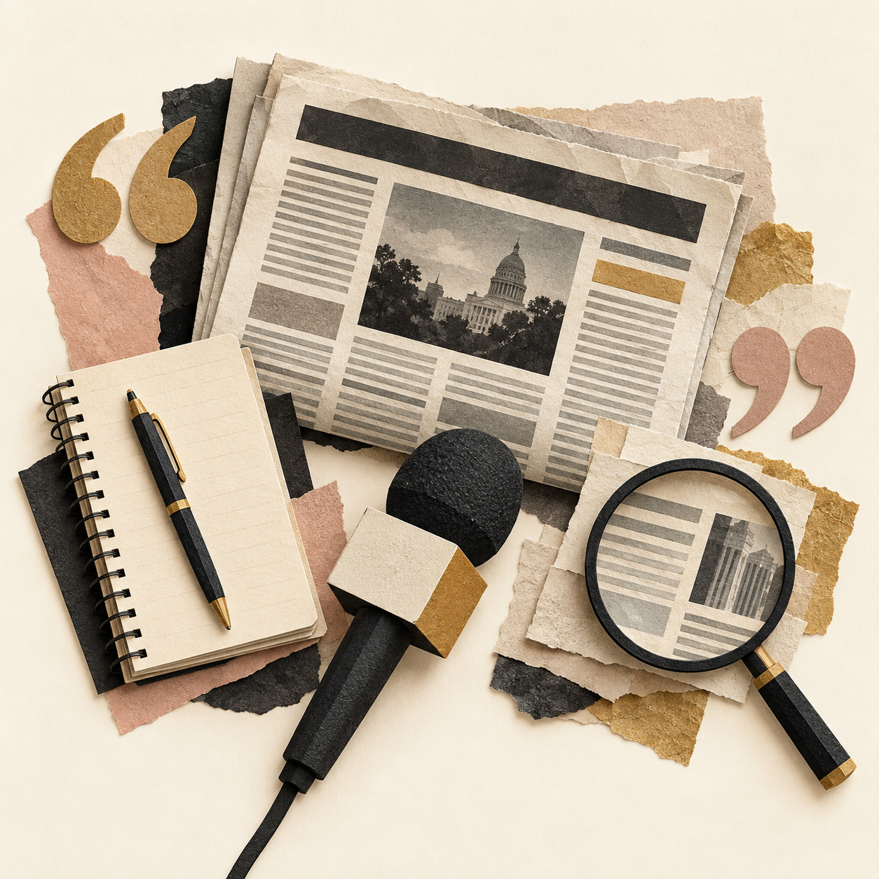 Paper collage of a newspaper, reporter’s notebook, microphone, and magnifying glass.