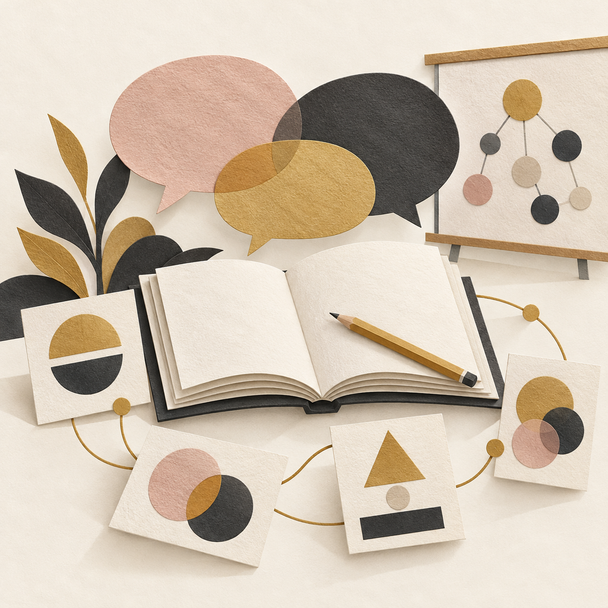 Paper collage of a notebook, pencil, conversation bubbles, and connected learning cards.