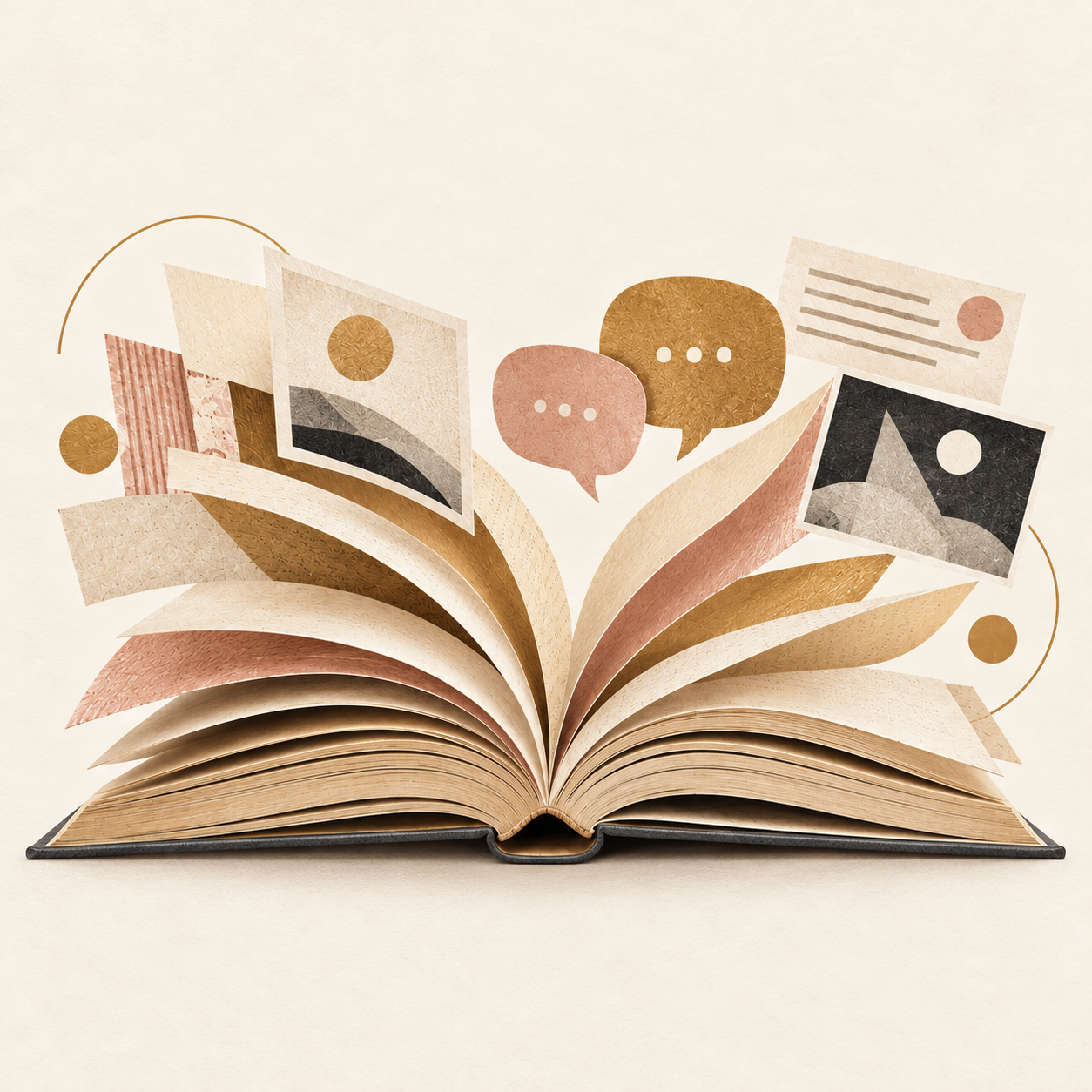 Paper collage of an open book with media and conversation symbols in ivory, blush, charcoal, and gold.